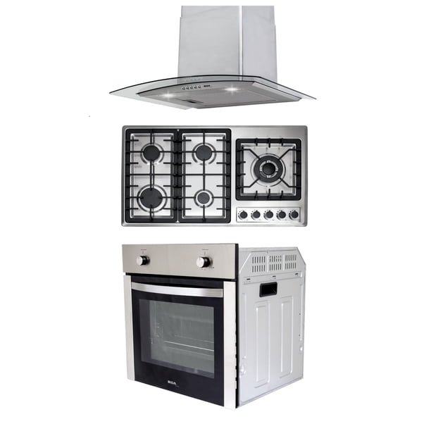 Combo Parrilla a Gas 5 Quemadores Acero Inox, Campana Cristal 60 cm y Horno a Gas LP para Empotrar 60 cm Acero Inox. Disa Home PAEM5B/CAMPC60C/HGEMP24AI
