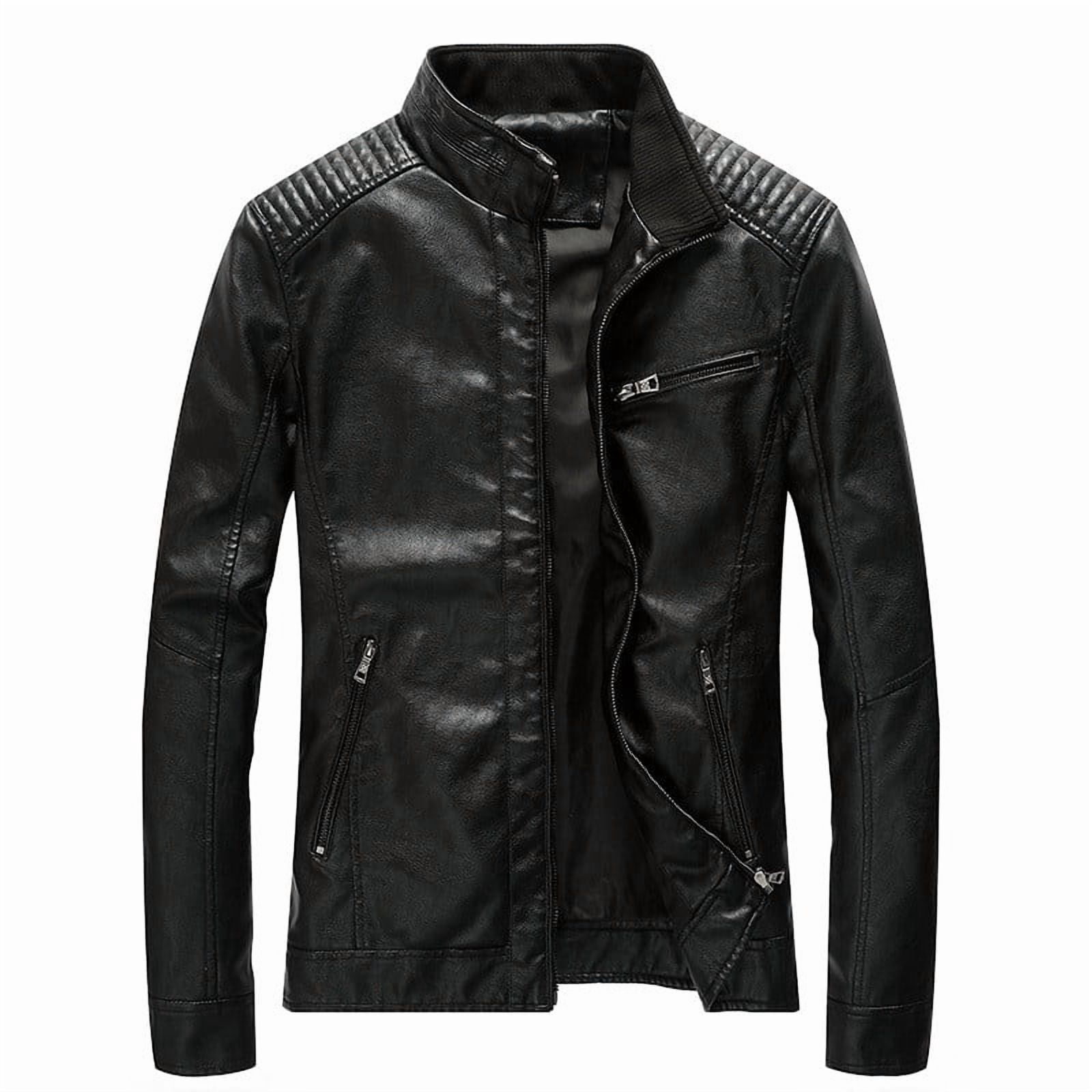 Wuxian Mens Casual Leather Jacket Slim Fit Full Zip Up Stand Collar Long Sleeve Lightweight Motorcycle Style Outerwear Coat With Pockets Stylish Cozy Daily Wear,Black,XL