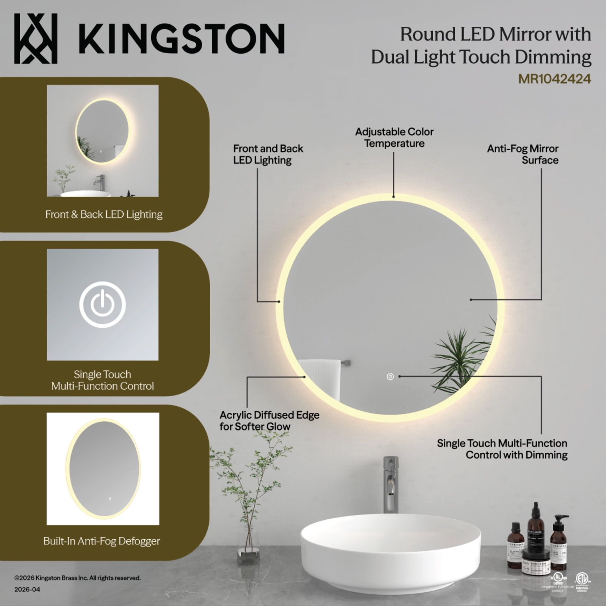 Kingston Brass MR1042424 Aurora 24-Inch Round LED Bathroom Mirror, Front and Back Light, Anti-Fog, Dimmable Touch Sensor Lighted Mirror in Silver