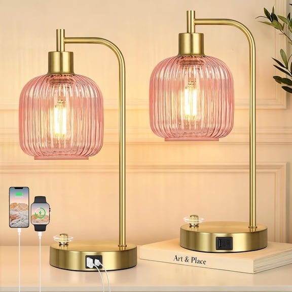Set of 2 Industrial Table Lamps, Pink Glass Bedside Lamp with USB Ports, Stepless Dimmable Gold Nightstand Lamps for Living Room, Office