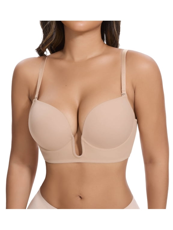 Women Deep U Plunge Backless Push Up Bra, Low Cut Multiway Bra with Free Clear Straps for Wedding Prom Dresses