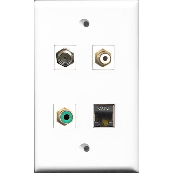 RiteAV 1 Port RCA White and 1 Port RCA Green and 1 Port Coax Cable TV- F-Type and 1 Port Shielded Cat6 Ethernet Wall Plate