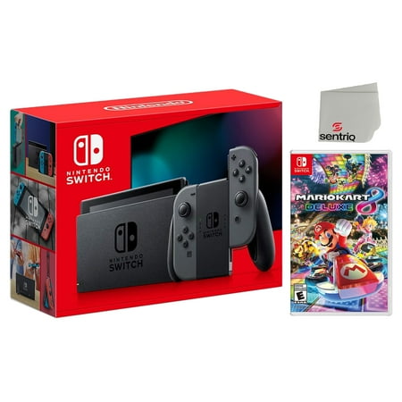 Nintendo Switch with Gray Joy‑Cons + Mario Kart 8 Deluxe + Sentriq Screen Cleaning Cloth Bundle - Japan Import with US Plug