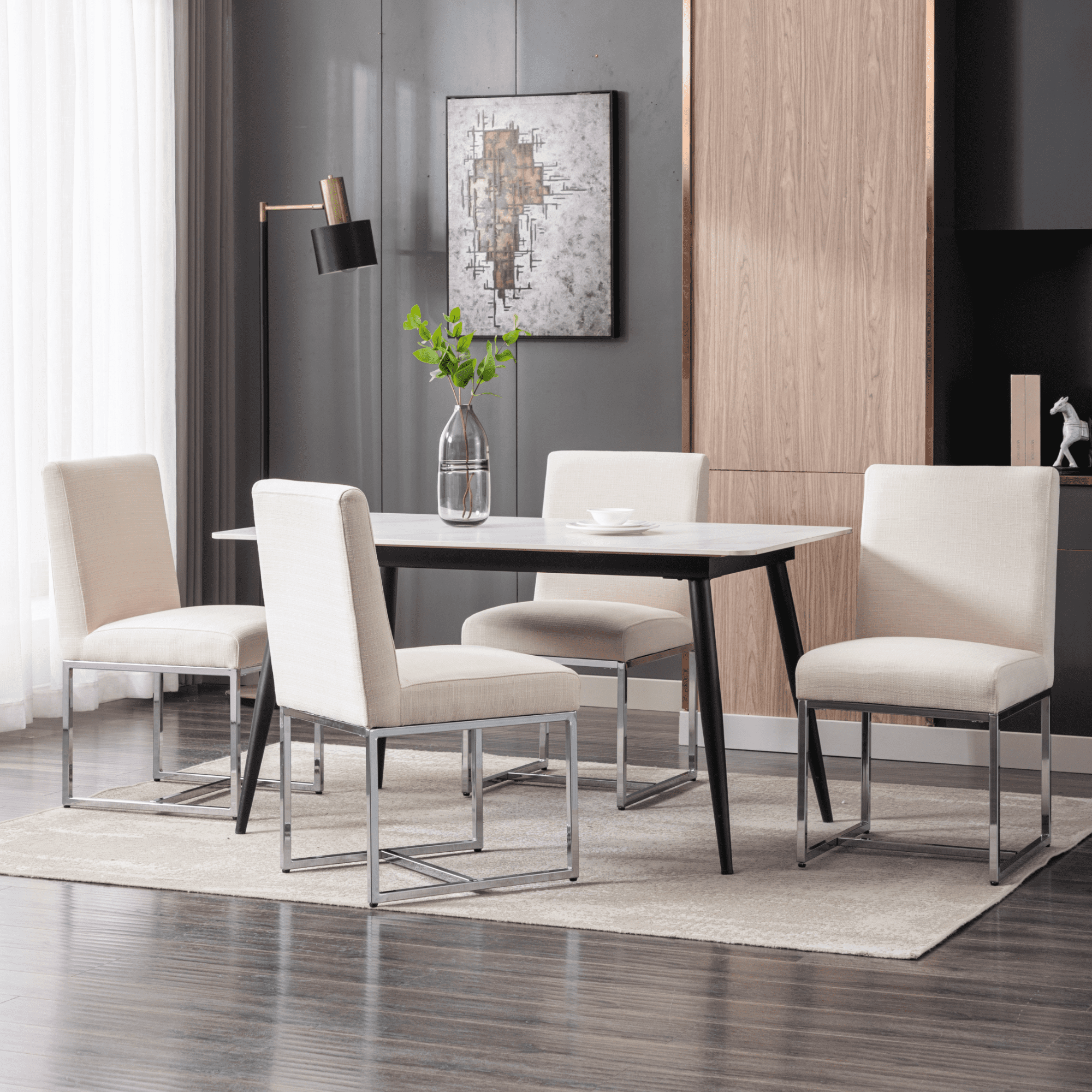 Dayalane Mid Century Modern Dining Chairs Set of 6, Beige Linen Upholstered Kitchen & Dining Room Chairs with Chrome Metal Frame, Armless Side Chairs for Living Room