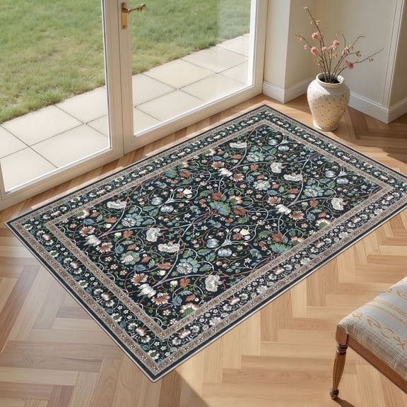 RLESO 2026 New 3X5 Area Rugs for Living Room,Indoor Washable Rug,Area Rug Living Room Floral Area Rugs for Bedroom Home Office Decor Dining Room Carpets,Non Slip Low Pile - Black/Green/Brown