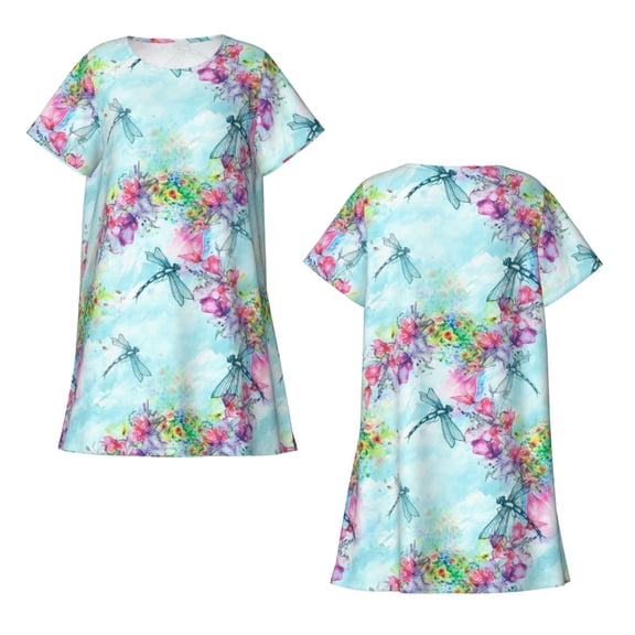 Horeoi Dragonfly Floral Print Women's Short-sleeved Nightdress Breathable Cotton-like Material Loose A-line Knee-length