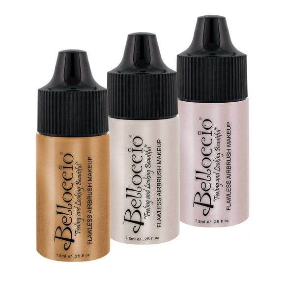 Belloccio Professional Flawless Airbrush Makeup Shimmer Shade Set - Radiant Pearlized Effect for Eyes and Cheeks - Trio Set in 1/4 oz. Bottles (NEW FORMULA)