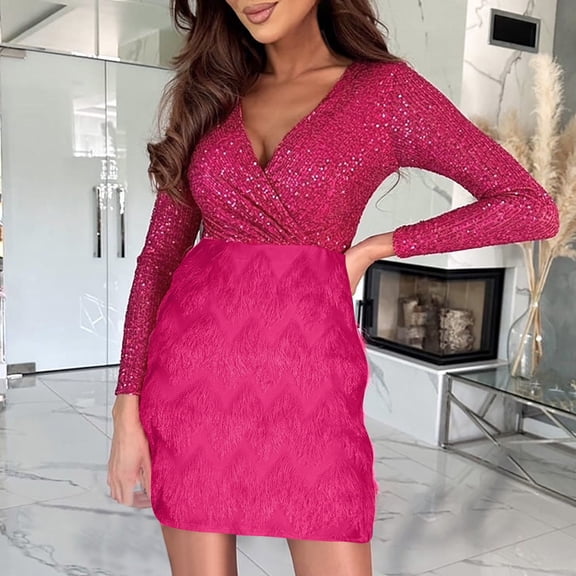 ClodeEU Women's Sequin V Neck Long Sleeve Dress ,Glitter Jumper Dresses Wrap Ruched Bodycon Mini Dress Hot Pink,Womens Plus M