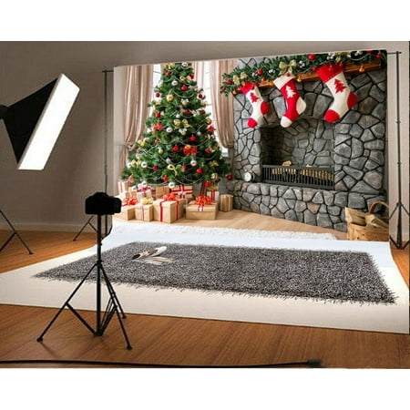 Image of MOHome Christmas Backdrop Decoration 7x5ft Photography Backdrop Christmas Trees Socks Gifts Fireplace Festival Celebration Children Baby Kids Photos Shooting Video Studio Props