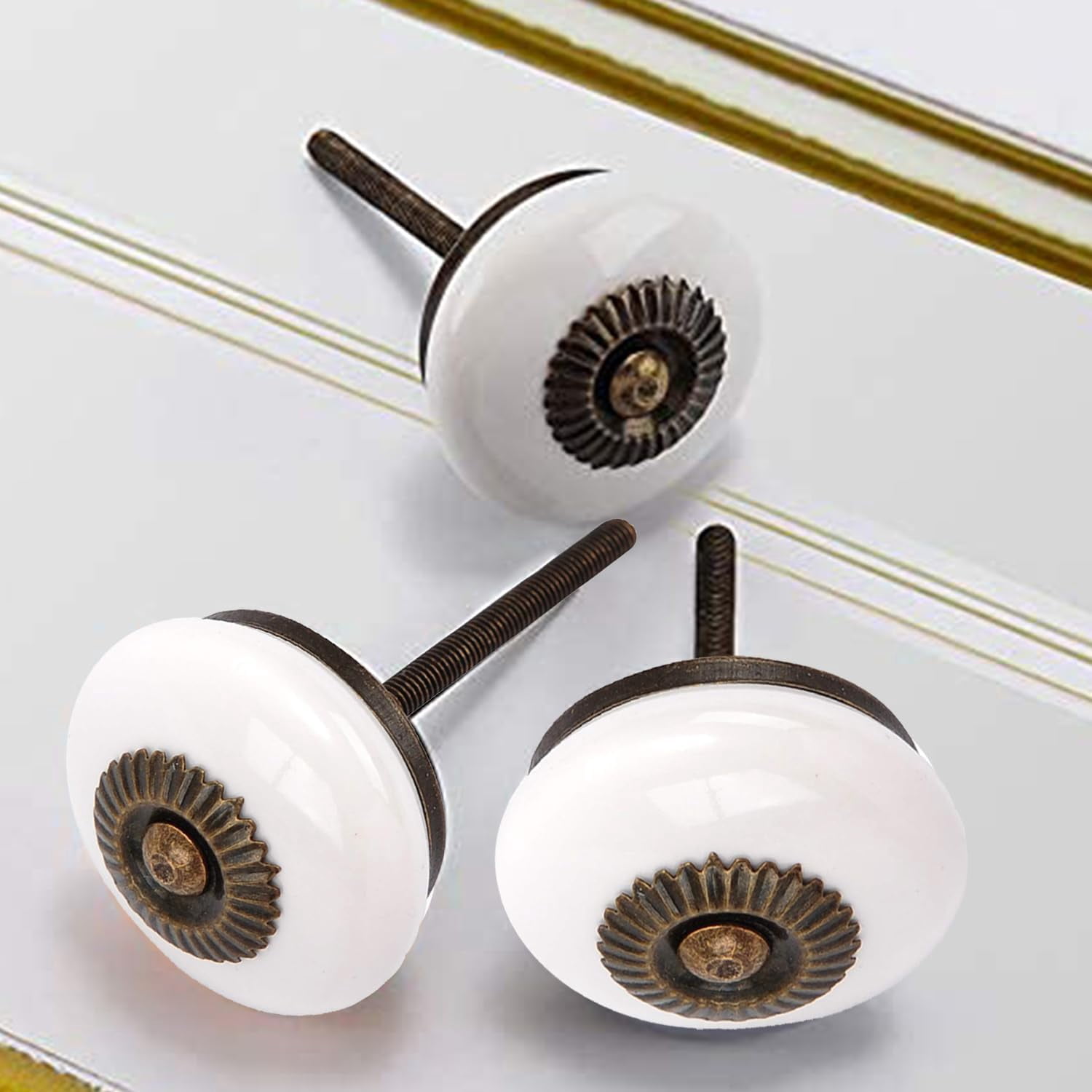 Vintage Cabinet Knobs, 6Pack Round Ceramic Drawer Knobs Set, White Decorative Handles Pulls for Doors, Closet, Drawers, Dresser, 1.4 Inches Drawer Pulls and Knobs