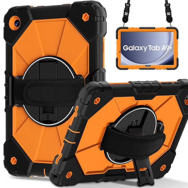 Funda Resistente a Golpes para Samsung Galaxy Tab A9+, Silicona Anti-caída + Funda Protectora de Capa de PC con Asa Giratoria de 360°, Soporte, Correa para el Hombro, Naranja, para Galaxy Tab A9+