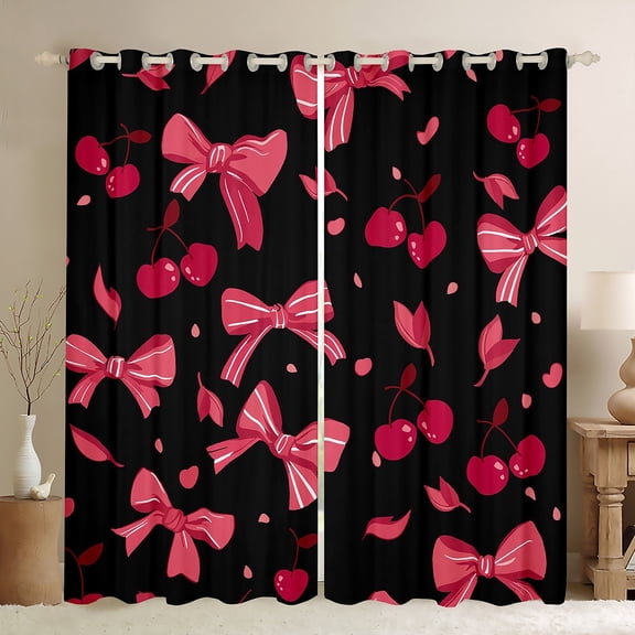 Homewish Kids Princess Bow-tie Black Out Curtains for Teens, Kawaii Cherry Curtains Pack of 2 (42x63 Each), Black Red Cartoon Theme Bedroom Curtains, Blackout Curtains Room Decor