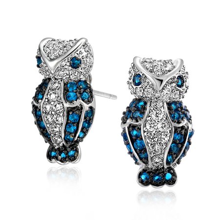 Simulated Sapphire CZ Owl Pave Stud Earrings Rhodium Plated