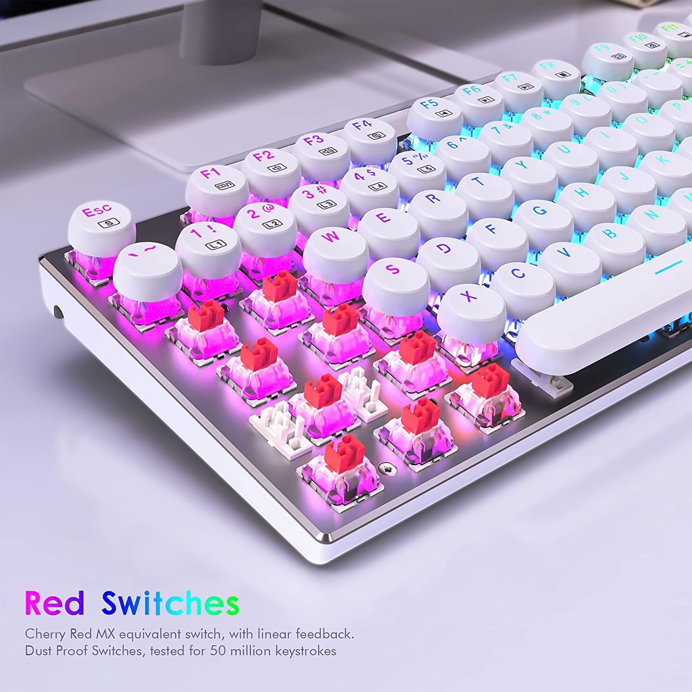 HUO JI E-Yooso Z-88 Mechanical Gaming Keyboard Wired Typewriter Style, Programmable RGB Backlit, Red Switches, Macro Keys, Retro 104 Keys for Mac, PC, White
