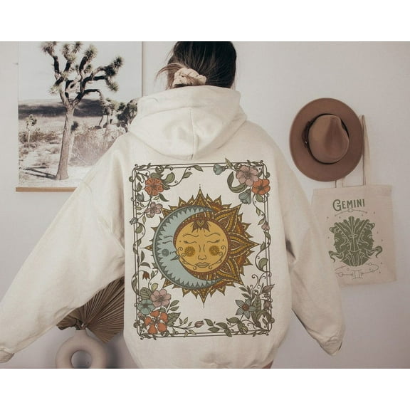 Sun and Moon Oversized Hoodie, Witchy Clothes, Celestial Sweatshirt, Trendy Aesthetic Pullover Graphic Hoodie, Cottagecore Clothing