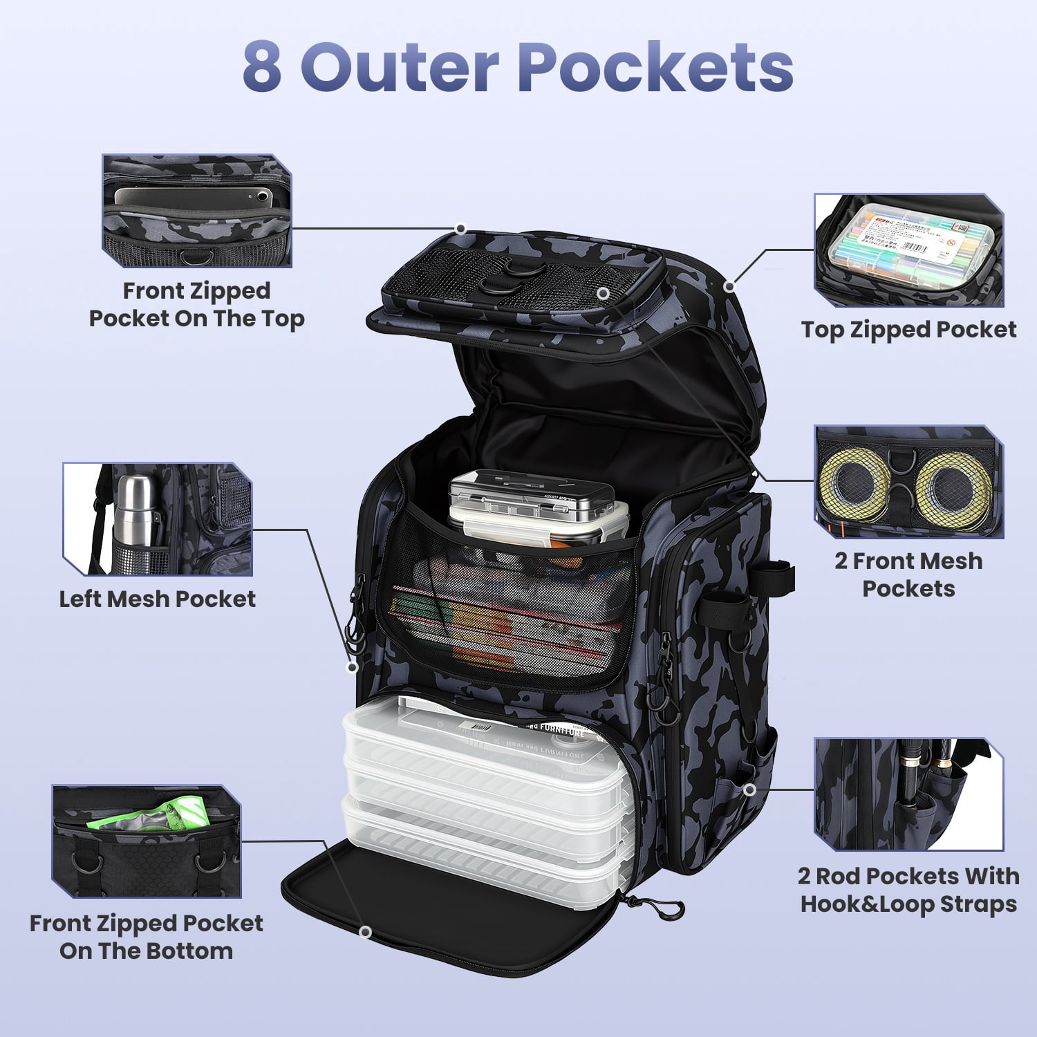 Teqhome 42L/11Gal Fishing Backpack Fishing Tackle Backpack Waterproof 16-Pocket Rod Holders Divider Adjustable Padded Straps Water-Resistant for Fishing Gear Outdoor Camping Hiking