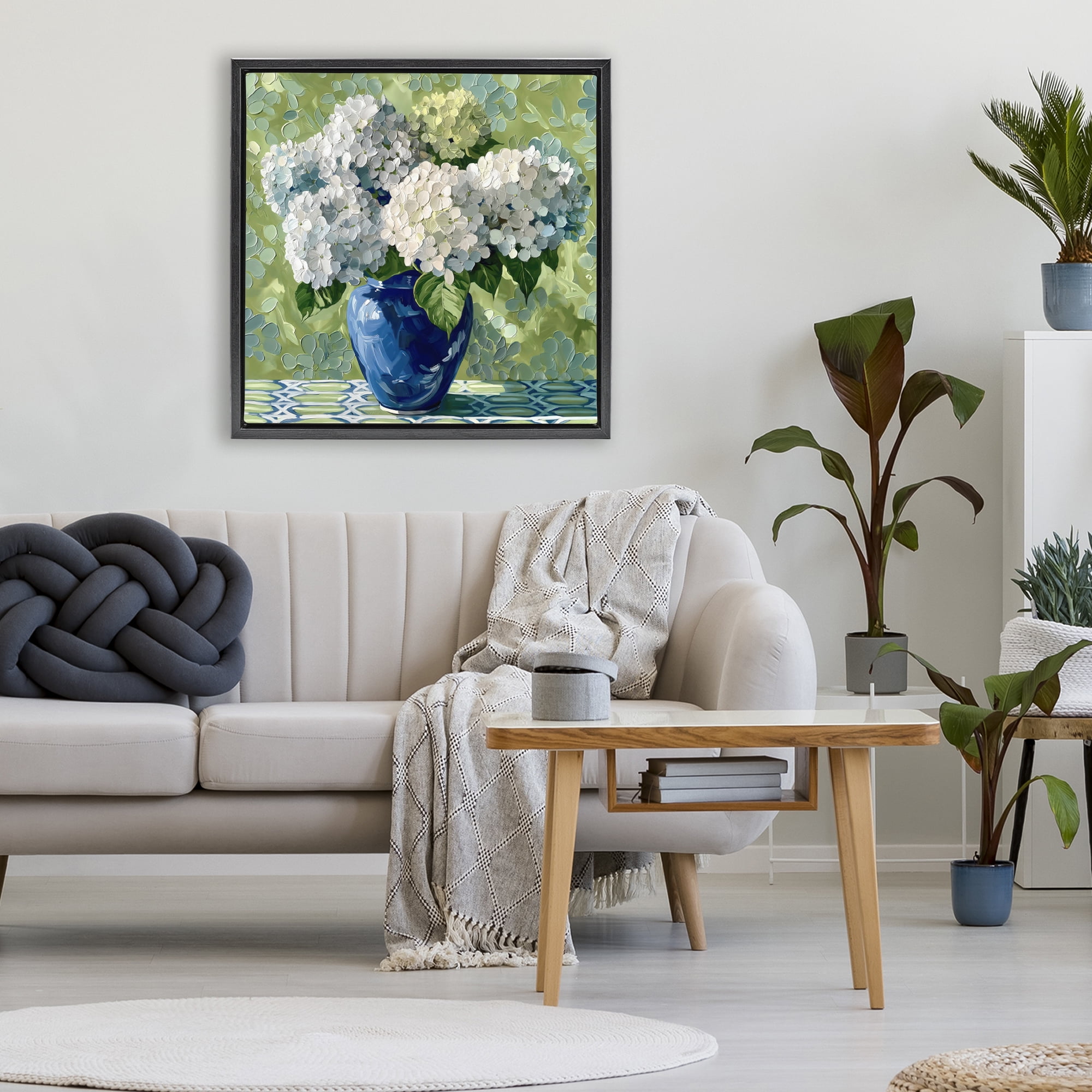 Stupell Industries White Hydrangeas in Blue Vase Black Framed Floater Canvas Wall Art, design by Gina Kelly