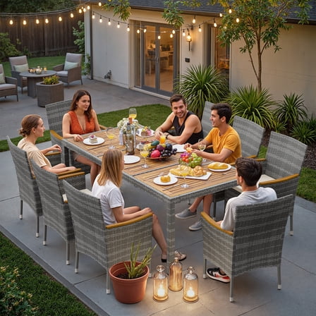 Lacoo 9 Pieces Patio Furniture Set with Acacia Wood Tabletop and Rattan Chairs, Outdoor Dining Table Set with Comfortable Beige Cushions, Grey Wicker