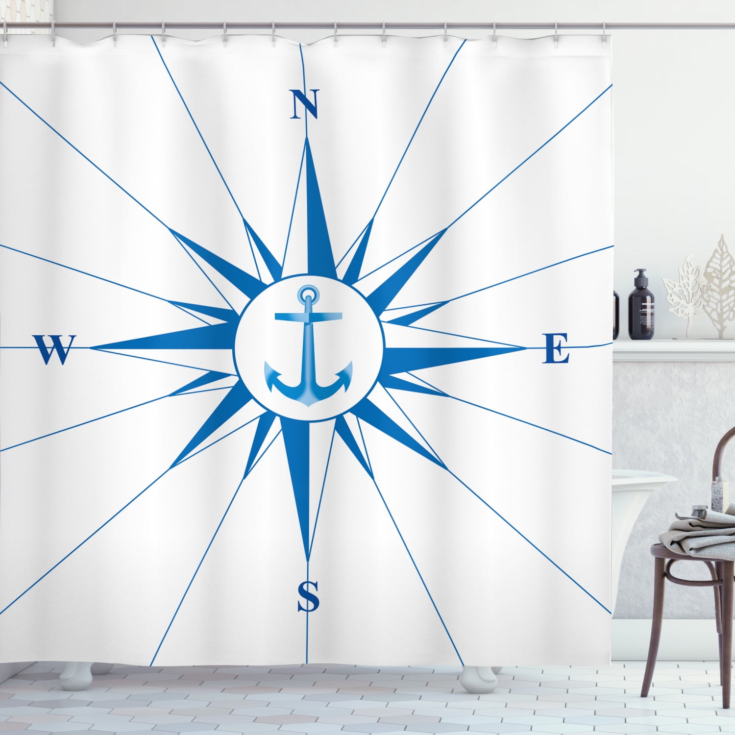 Compass Shower Curtain, Royal Blue Windrose with an Anchor in the Middle Discovery on the Sea