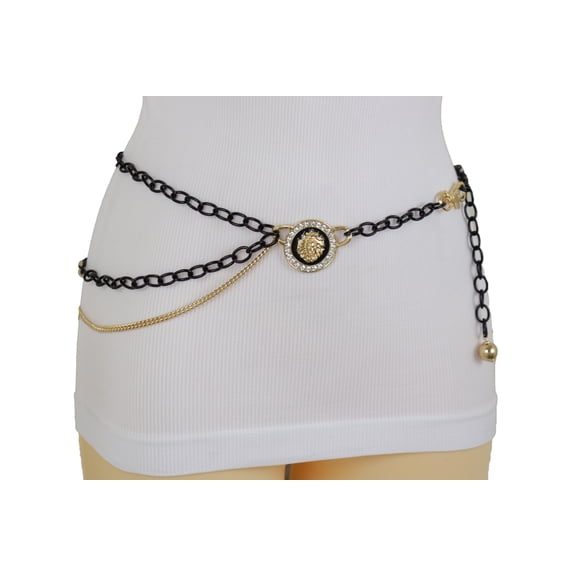 Women Black Metal Chain Belt Wave Gold Lion Charm Plus Size XL XXL