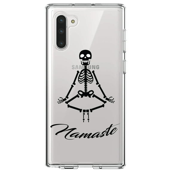 DistinctInk Clear Shockproof Hybrid Case for Samsung Galaxy Note 10 (6.3" Screen) - TPU Bumper, Acrylic Back, Tempered Glass Screen Protector - Namaste Yoga Skeleton