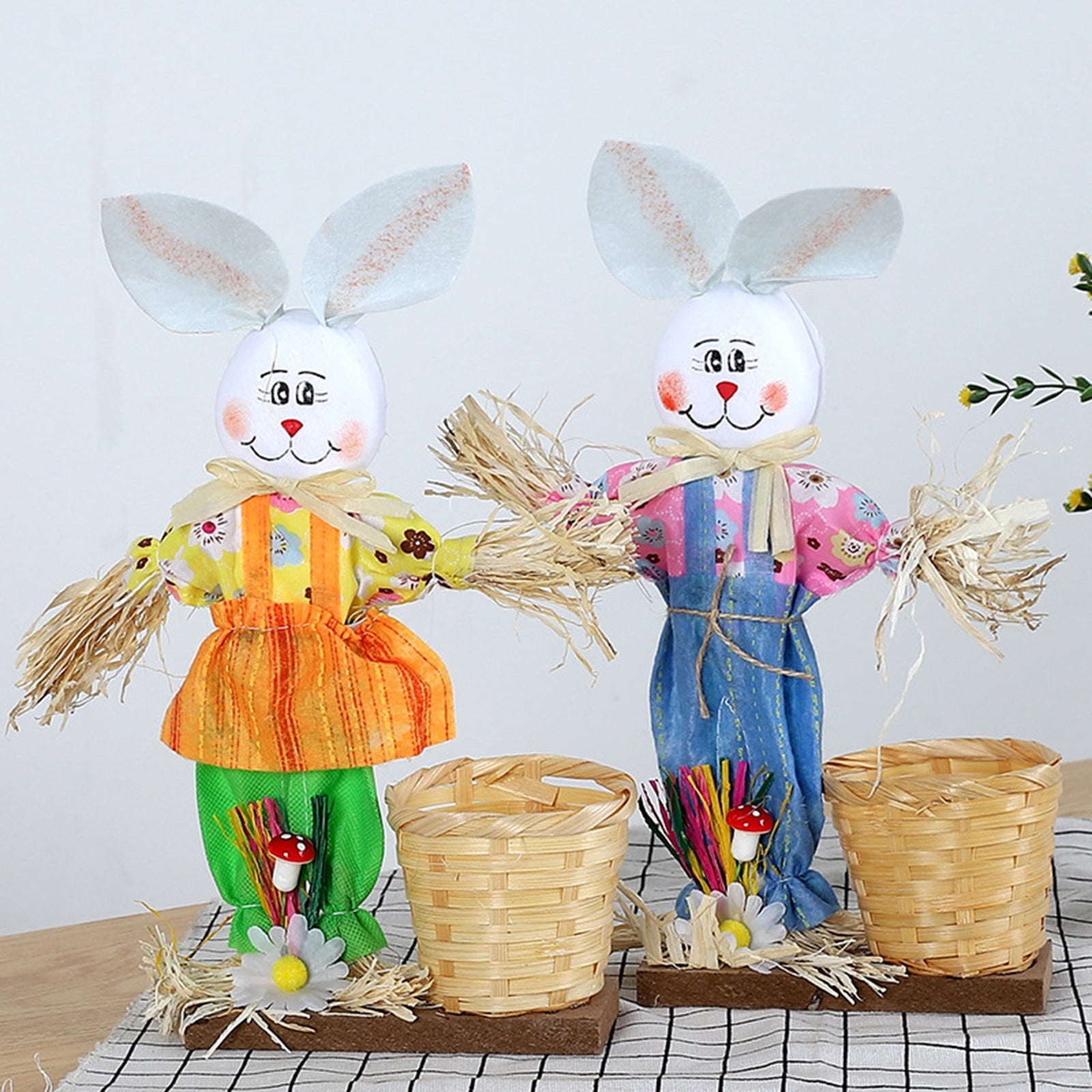 Yhmxh Scarecrows Bunny Easter Woven Basket for Party Favors, Handmade Wicker Rattan Easter Candy Eggs Baskets for Kids, Rabbit Ornaments for Easter Egg Hunt Party Gifts Toy Storage Easter Decorations