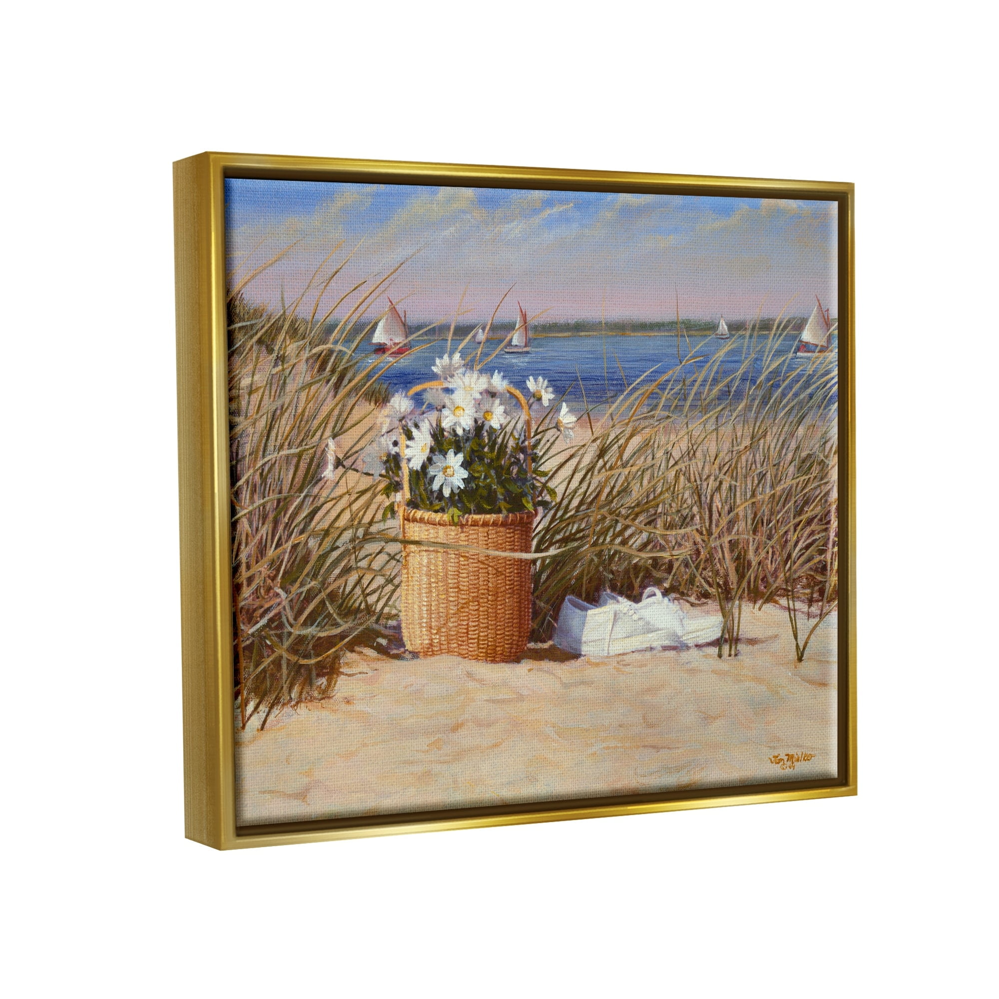 Stupell Industries Coastal Flower Blossom Basket Windblown Beach Grass Painting Metallic Gold Floating Framed Canvas Print Wall Art, Design by Tom Mielko