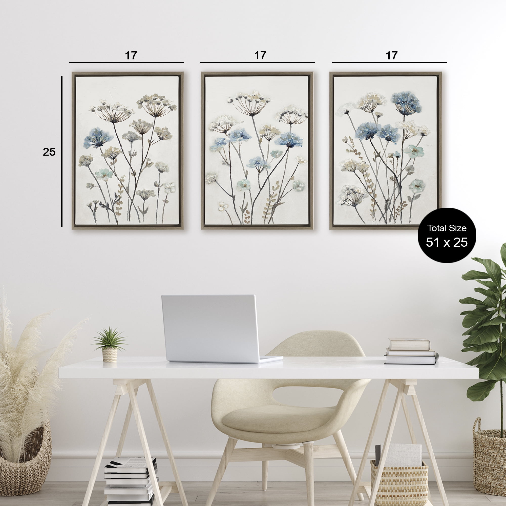 Stupell Industries Neutral & Blue Garden 3 Piece Brown Framed Floater Canvas Set, design by Patricia Pinto