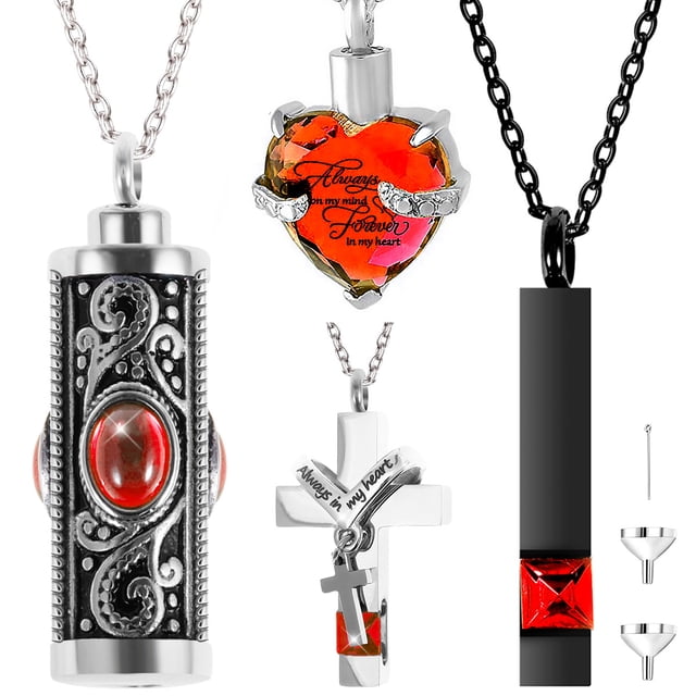 Juego de 4 Collares para Urna de Acero Inoxidable, Joyería de Cremación, Corazón Cilíndrico, Cruz Rectangular, Recuerdo de Cenizas, Dije Impermeable para Urna Conmemorativa para Hombre y Mujeres