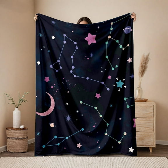 1pc Room Decoration Blanket Constellation, Moon, Stars Pattern Flannel Blanket, Quilt Set, Bedroom Decoration and Accessories, Holiday Gift, Suitable for Sofa, Bed, Car, Office, Camping