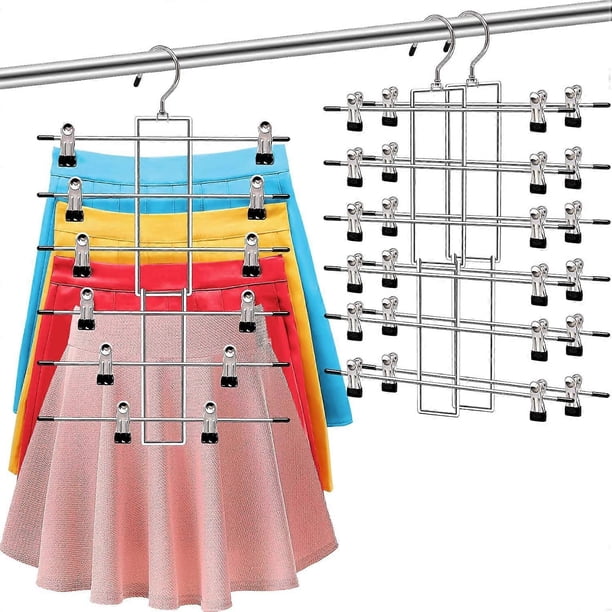 3 Pack Pants-Hangers-Space-Saving,6 Tier-Closet-Organizers-and-Storage Skirt Hangers with Clips,Clothes- Jeans Scarf Hangers,Stainless Steel