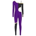 thumbnail image 4 of Raenseen Womens' Long Sleeve Unitard Gymnastics Ballet Dance Bodysuit Metallic Color Block Jumpsuit Purple XL, 4 of 5