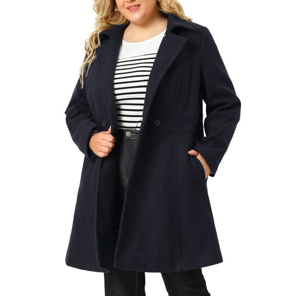 Unique Bargains Women's Plus Single Breasted Cinched Waist Winter Pea Long Coat 1X Dark Blue