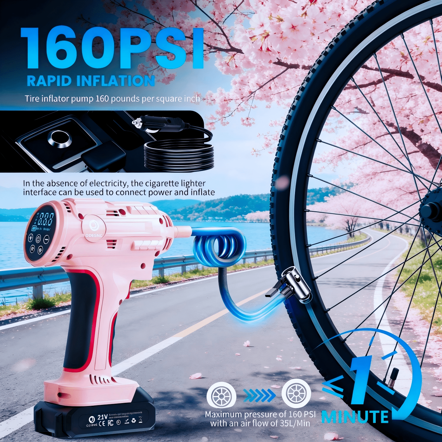 ODEGNC 21V 160PSI Cordless Tire Inflator, 10000mAh Portable Air Compressor, Auto Shut-off, 12V DC Car Air Pump for Vehicle