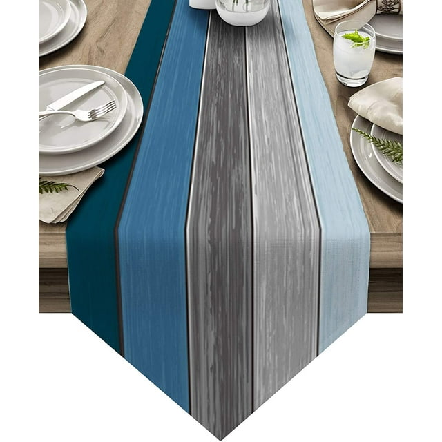 GFDYREE FAMILY Burlap Linen Rustic Table Runners 72 Inches Long, Retro Farm Wood Grain Blue and Gray Runner Farmhouse Style for Coffee Table, Holiday Parties, Wedding, Events Dinner, Home Fa
