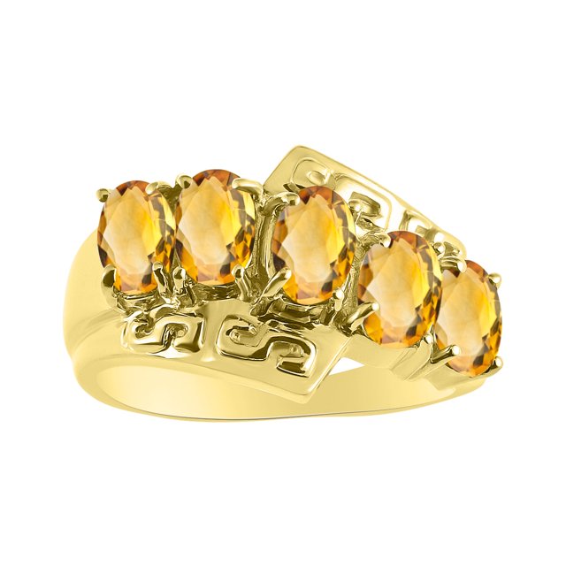 5 Stone Oval Shape Citrine Ring Set In 14K Yellow Gold - Color Stone Birthstone Ring Greek Key Design LR7168CTY-D