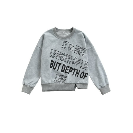 

Fiomva Children Boys Loose Style Pullover Grey Letters Printed Pattern Long Sleeve Tops with Slit Design