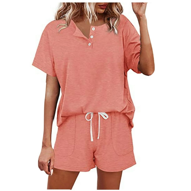 Puntoco moda mujer Casual sólido corto manga botón tops ropa de dormir pantalones cortos conjuntos de ropa de dormir liquidación Puntoco Puntoco-389