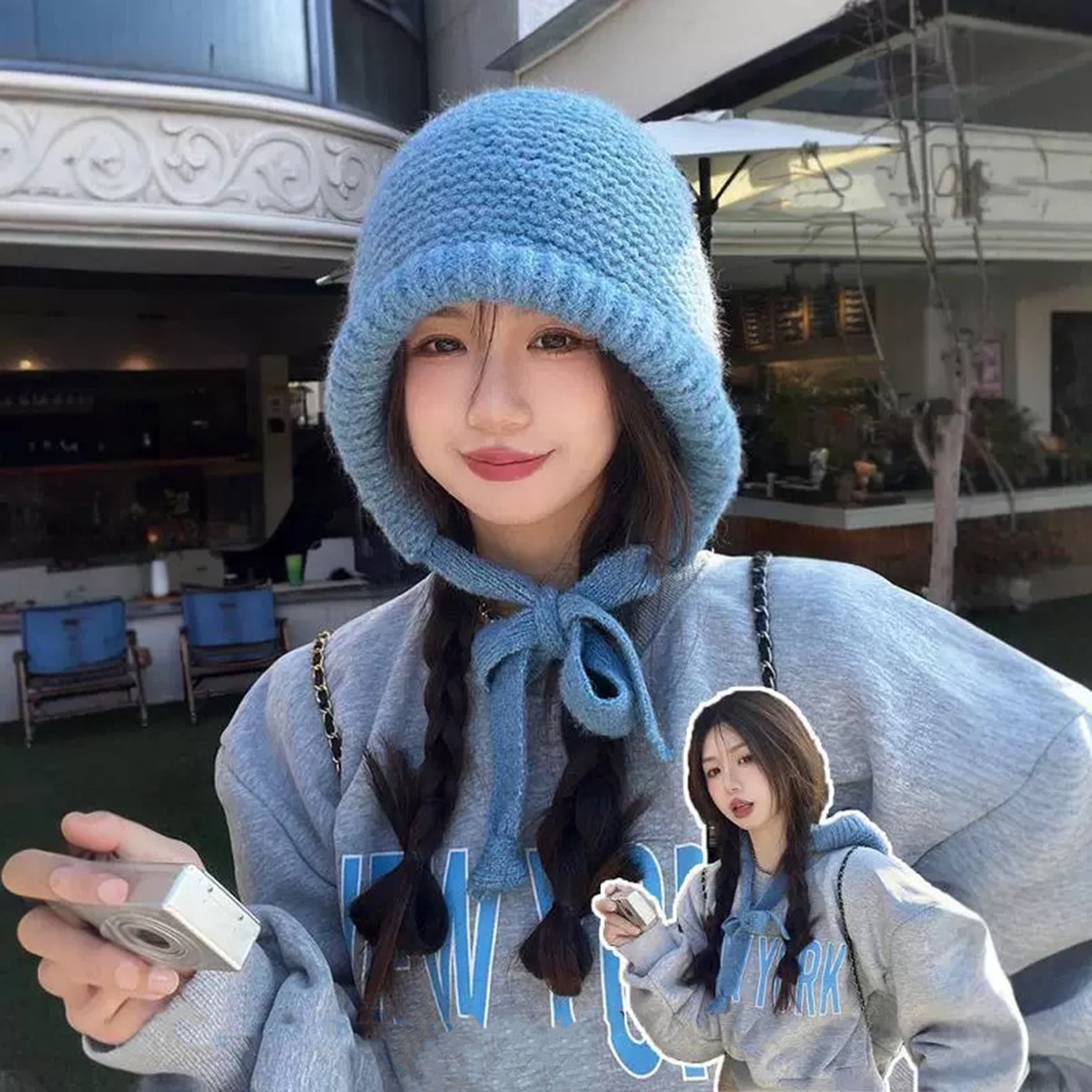 HEVIRGO 7PCS Ladies Hat Auutmn Winter Beanie Warm Japanese Knit Hat Pile Cap Windproof Thick Ear Tie Pullover Gorro Bonnet Black