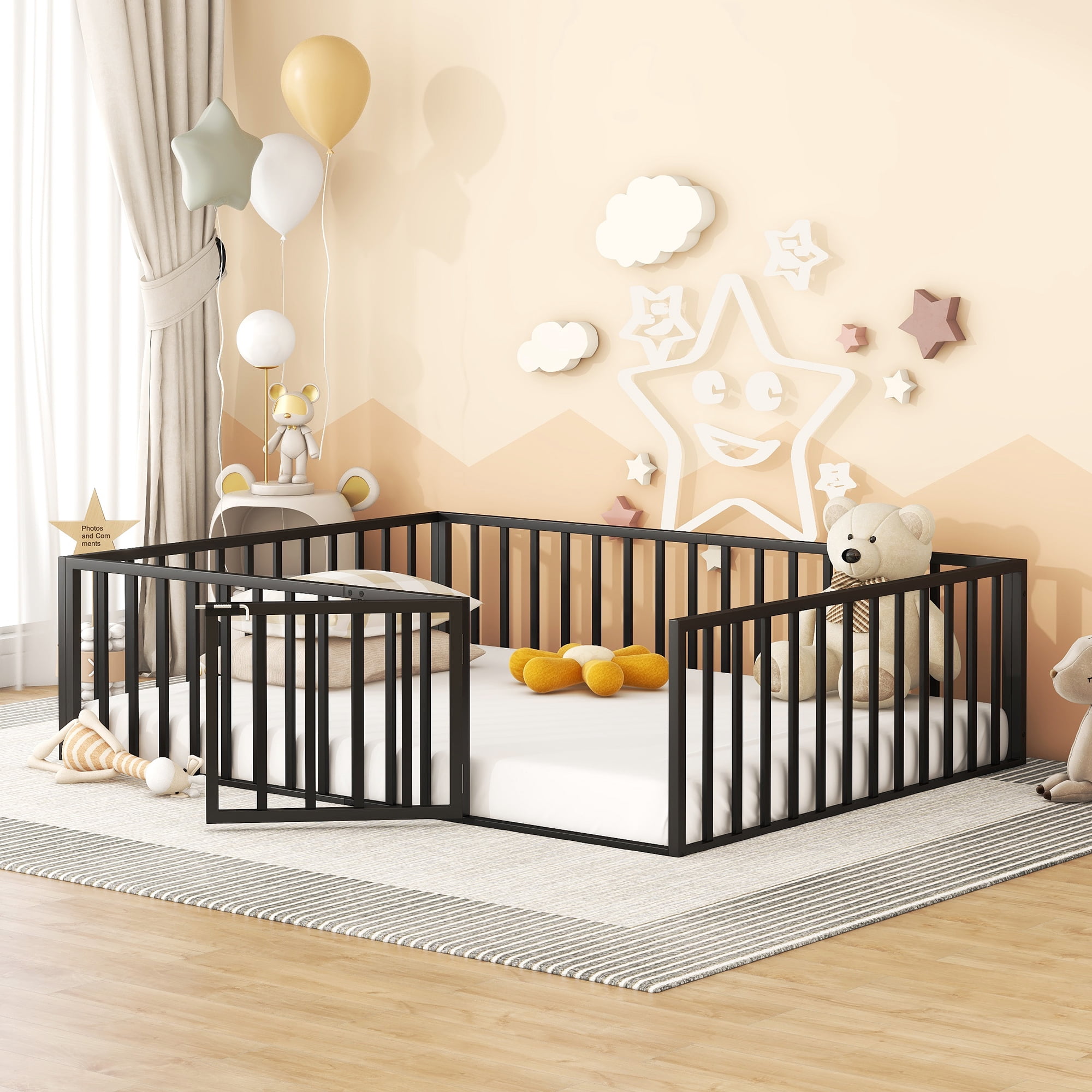Queen Size Floor Bed with Fence and Door, Low Profile Metal Montessori Bed Frame with Slats Supports,Easy Assembly, No Box Spring Needed,Black