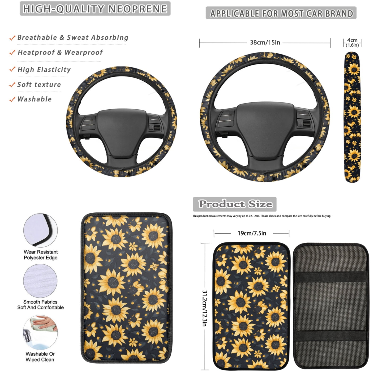 Yuyamidu 13 PCS Car Seat Cover Full Set Sunflower Steering Wheel Cover Seat Belt Pad Cover Coasters Armrest Cover Keychain Lipstick Holder Car Decor Accessories