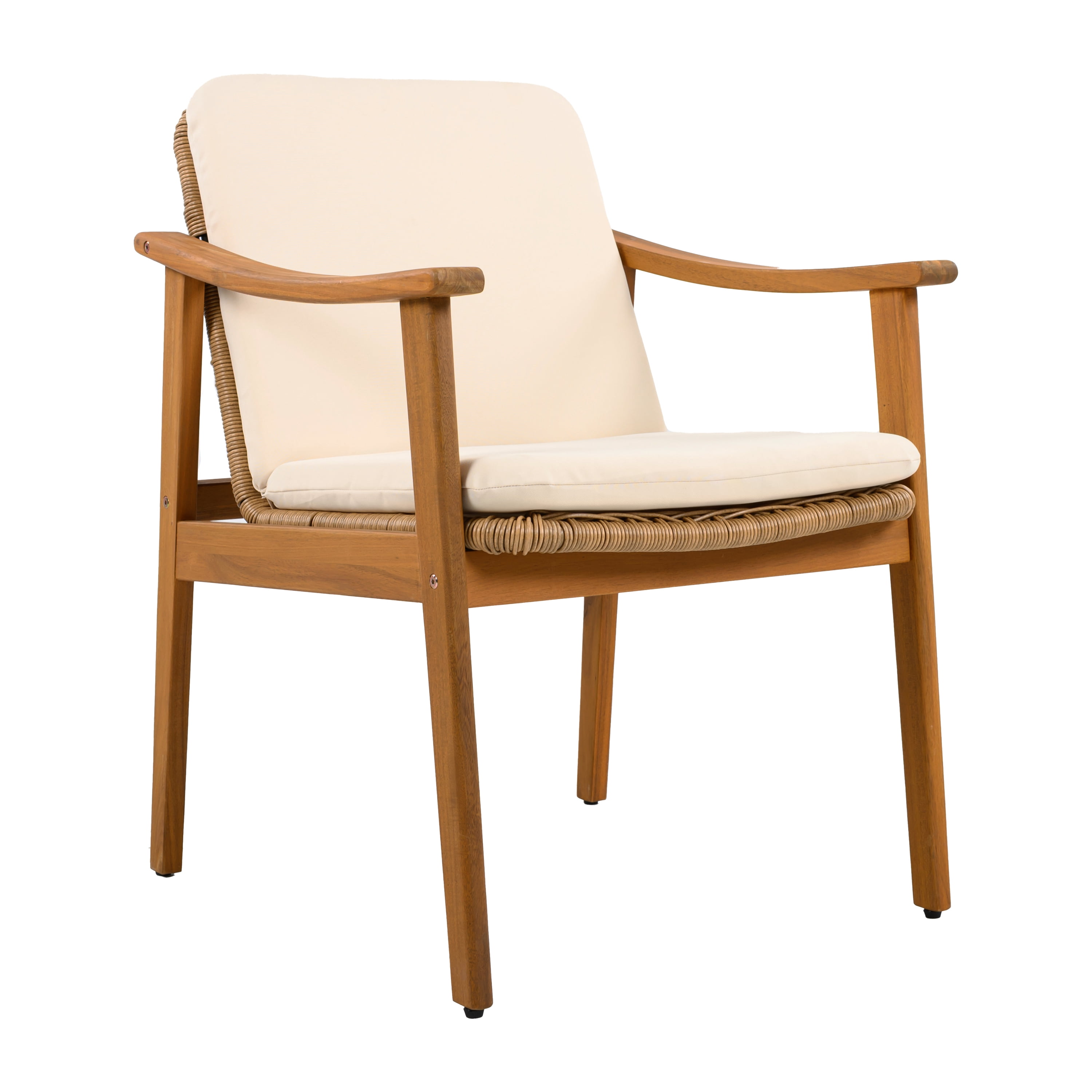 Outdoor Dining Chairs Set of 2, Teak Color Acacia Wood Frame Brown PE Wicker Beige Waterproof Cushion, Teak