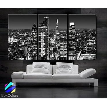 Large 30"x 60" 3 Panels 30"x20" Ea Art Canvas Print Beautiful London Skyline Lights Night Black & White Wall Home (Included Framed 1.5" Depth)