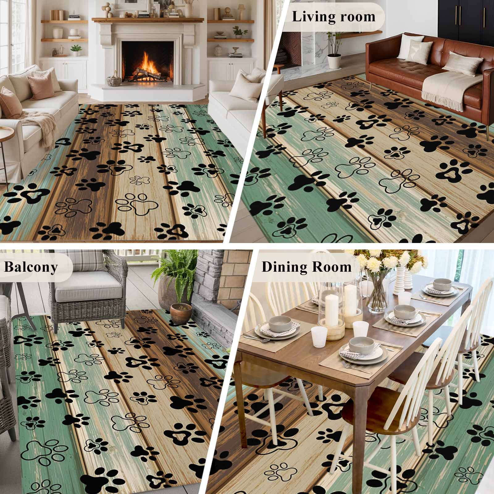 Area Rug for Living Room, Teal Brown Non-Slip Indoor Large Carpet for Bedroom/Dining Room, Pet Paw Printed Farmhouse Dog Claws Wood Grain Washable Low-Profile Rectangle Floor Runner Rugs - 5 x 8 Ft