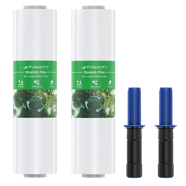 Pellicule Extensible - Lot de 2, 15 Pouces de Large, 1000 Pi, Pellicule Rétractable Robuste, Calibre 60, Extensibilité 500 %, Résistance Industrielle pour Pellicule de Palette, Emballage de Meubles Mov