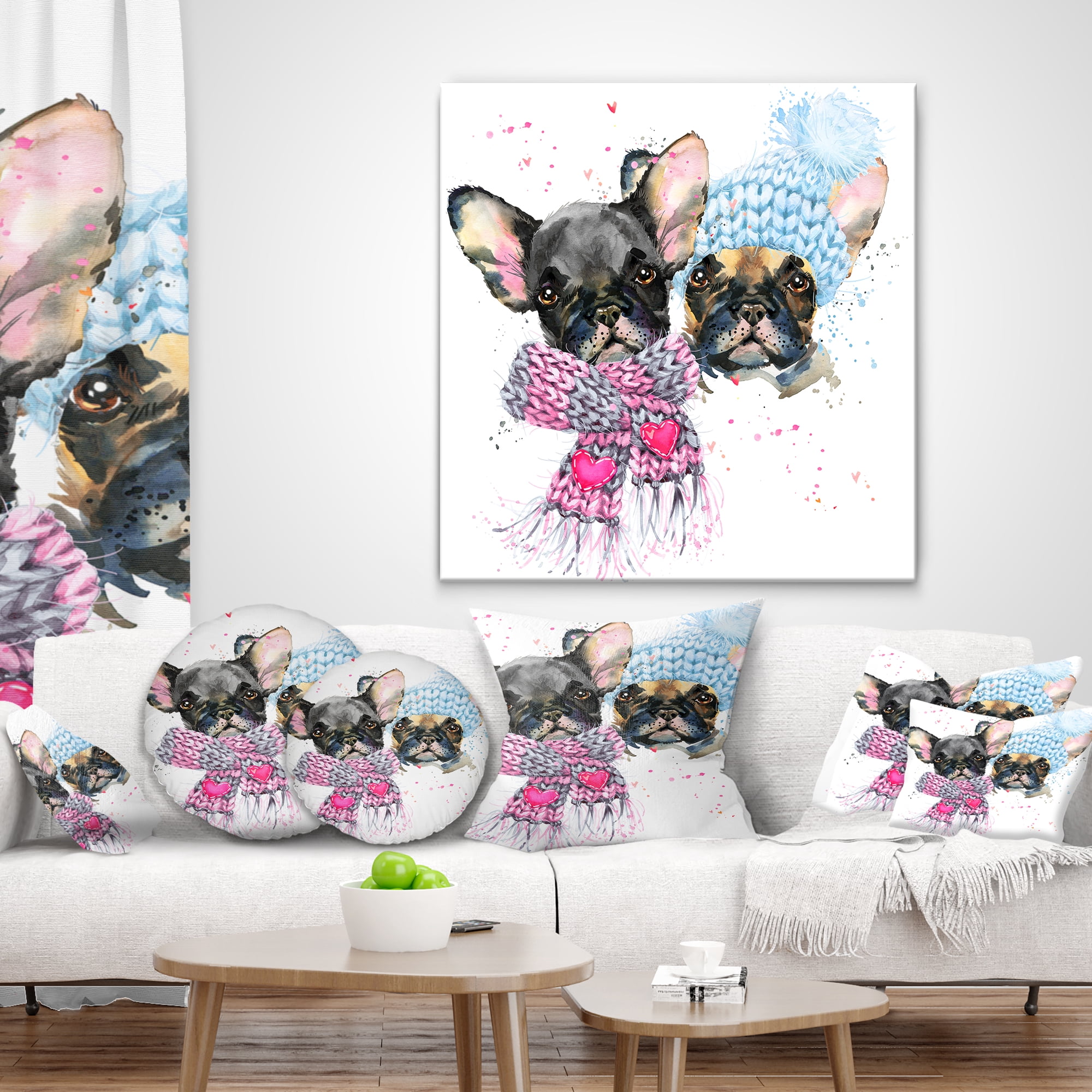 Designart Lovely Puppies with Neck Shawls - Contemporary Animal Throw Pillow - 18x18