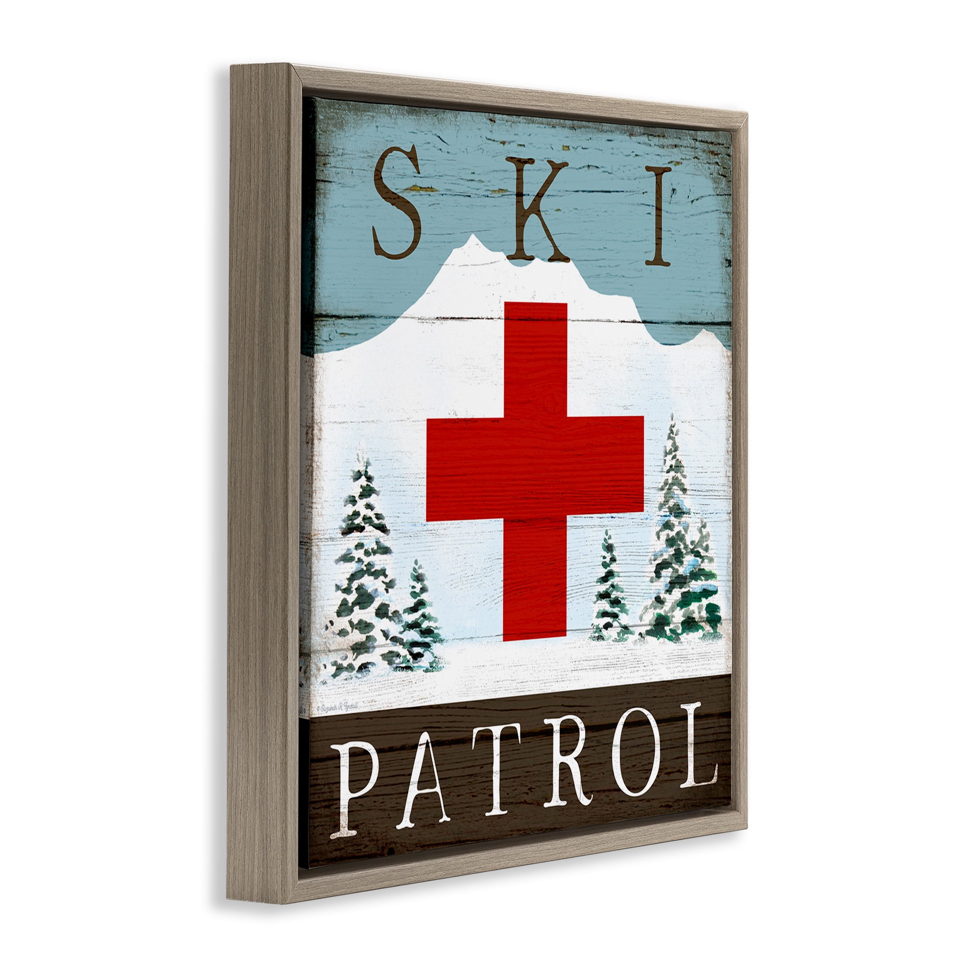 Stupell Industries Ski Patrol Rustic Cabin Sign Sports Painting Brown Floater Framed Canvas Art Print Wall Art, 25 x 25