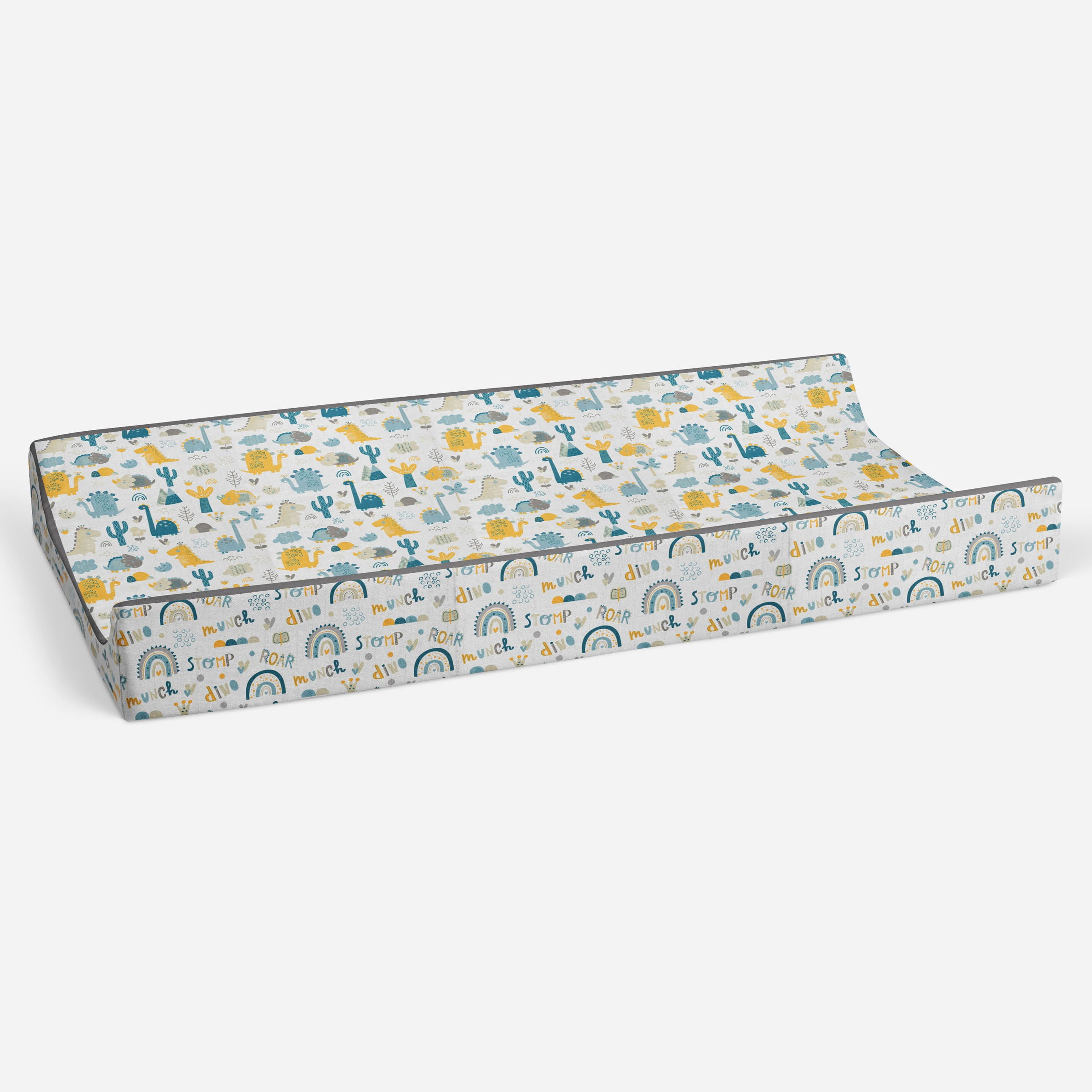 Bacati - Muslin Quilted Changing Pad Cover, Little Dino Boys Aqua/Teal/Yellow/Gray