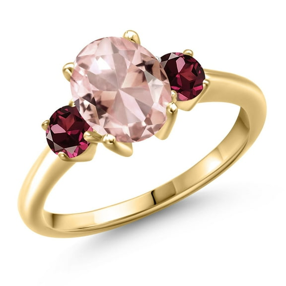 Gem Stone King 18K Yellow Gold Plated Silver Peach Nano Morganite and Red Rhodolite Garnet Engagement Ring for Women | 2.74 Cttw | Oval 9X7MM | Gemstone October Birthstone | Size 5