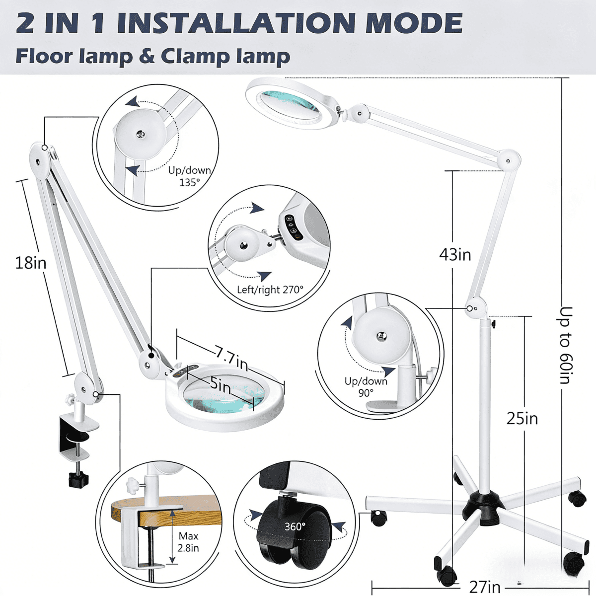 Veemagni Magnifying Glass with Light and Stand, Real Glass Lens, 5 Color Modes, Stepless Dimmable, LED 2200 Lumens Floor lamp with 5 Wheels Rolling Base for Facials, Salon